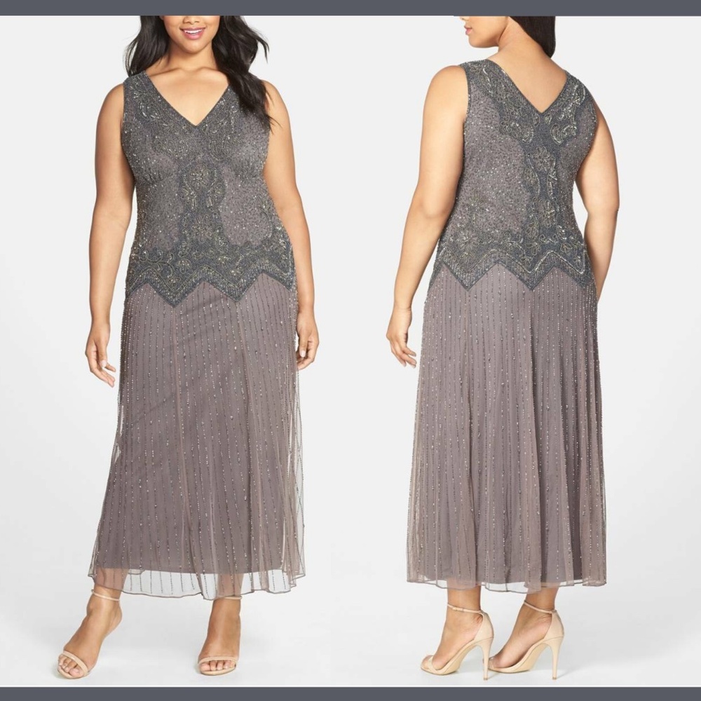 NEW Pisarro Nights Beaded Drop Waist Dress Lead [PLUS‎ SZ 16W ]